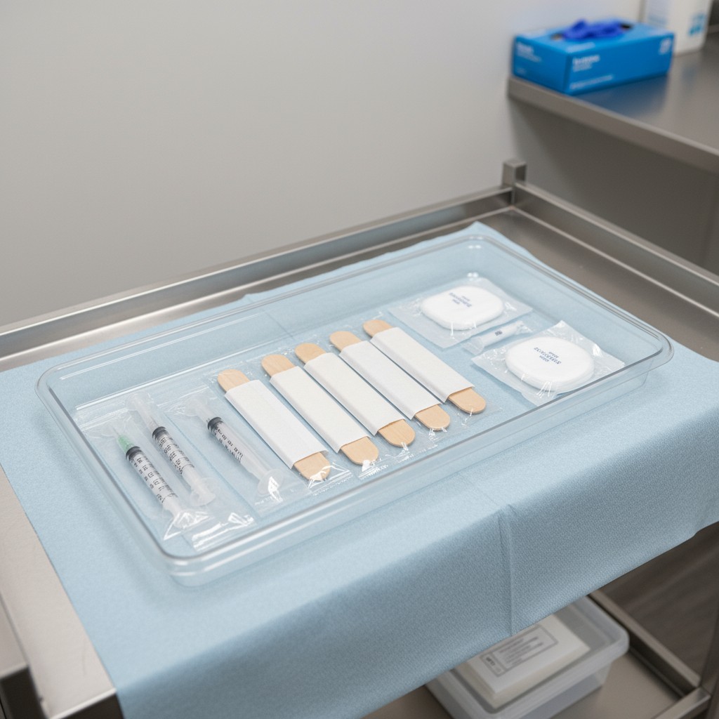 A sterile medical tray containing multiple items needed for surgical procedures, arranged in a single layer, with the item...