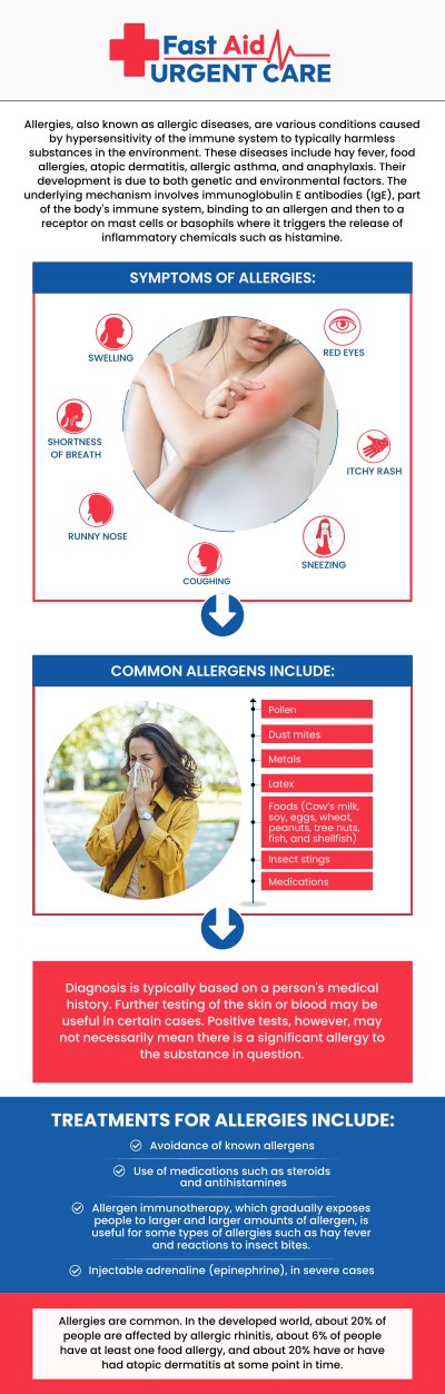 Common questions asked by patients: Should I go to Urgent Care or the ER for an allergic reaction? What treatments do you provide for allergies? How do I know if I have seasonal allergies or a cold? Do I need an appointment to be seen for my allergies? Can untreated allergies lead to other infections?
When seeking allergy treatment at Fast Aid Urgent Care & Family Medicine Clinic in Bakersfield, CA, you will receive prompt and effective care to help you find relief from uncomfortable symptoms and sudden reactions. Led by Dr. Ajitpal Tiwana, MD, our medical team works quickly to accurately diagnose your condition and provide a customized treatment plan. For more information, contact us or book an appointment online. We are conveniently located at 2611 South H St Suite C Bakersfield, CA 93304. We serve patients from Bakersfield CA, Rexland Acres CA, Venola CA, Oildale CA, Lamont CA, Rosedale CA and surrounding areas.