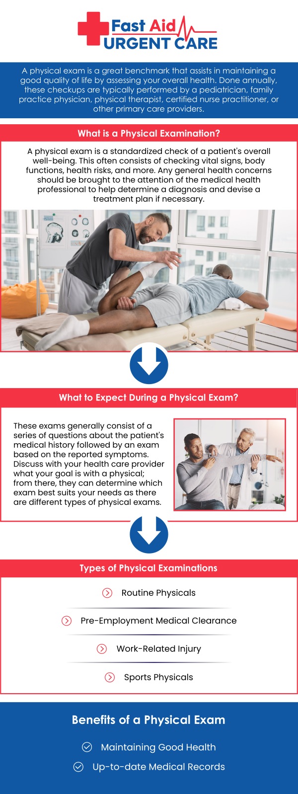 Common questions asked by patients: What is included in a physical exam? How often should I get a physical exam? Who should get a physical exam? How long does a typical physical exam take? If you are looking for a thorough physical exam in Bakersfield, Dr. Ajitpal Tiwana, MD, and our medical team at Fast Aid Urgent Care & Family Medicine Clinic provide comprehensive assessments for patients. Our exams include preventive screenings, health evaluations, and personalized guidance to help maintain your overall wellness and identify potential health concerns early. For more information, contact us or book an appointment online. We are conveniently located at 2611 South H St Suite C Bakersfield, CA 93304. We serve patients from Bakersfield CA, Rexland Acres CA, Venola CA, Oildale CA, Lamont CA, Rosedale CA and surrounding areas.