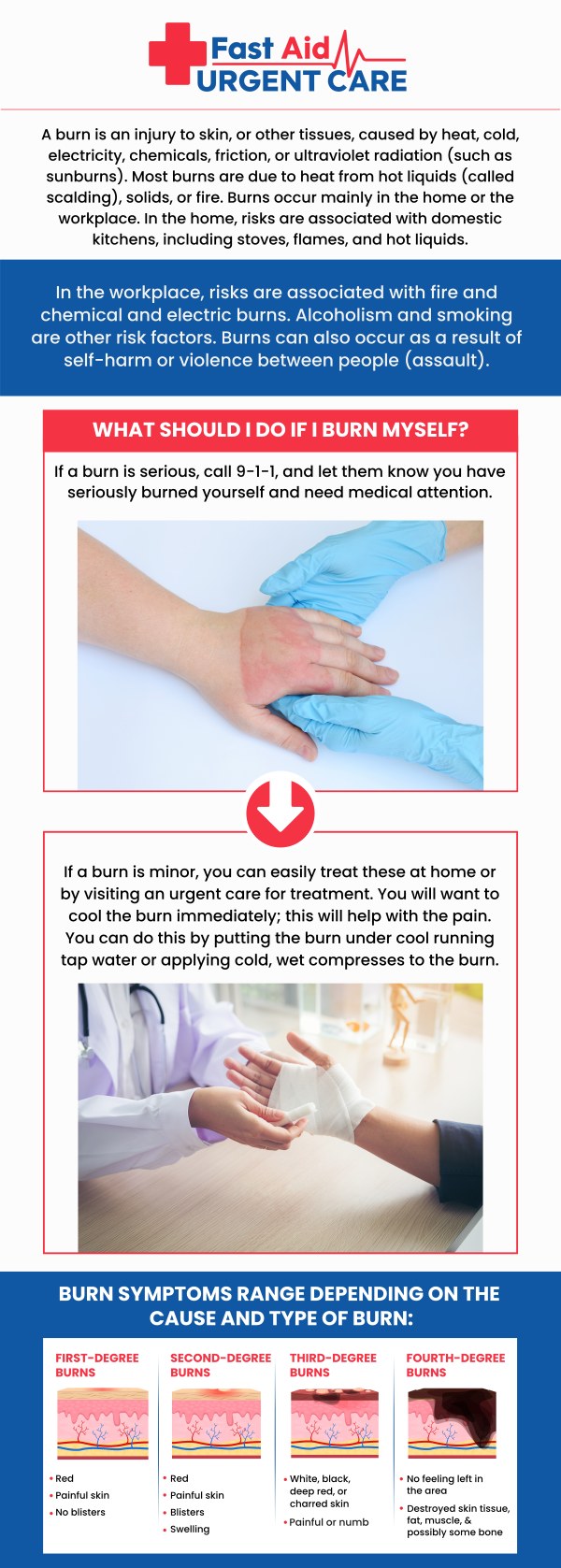 Common questions asked by patients: What qualifies as a minor burn that can be treated at urgent care? What is the first thing I should do immediately after a minor burn? How can I tell if my burn has become infected? How long do minor burns take to heal, and will they scar?
When an unexpected minor burn causes severe discomfort, Fast Aid Urgent Care & Family Medicine Clinic in Bakersfield, CA, provides the immediate medical relief you need. Dr. Ajitpal Tiwana, MD, and our clinical team quickly evaluate your injury, prevent infection, and apply professional dressings to accelerate healing. Visit our walk-in clinic today for prompt, compassionate burn care that gets you on the road to recovery. For more information, contact us or book an appointment online. We are conveniently located at 2611 South H St Suite C Bakersfield, CA 93304. We serve patients from Bakersfield CA, Rexland Acres CA, Venola CA, Oildale CA, Lamont CA, Rosedale CA and surrounding areas.