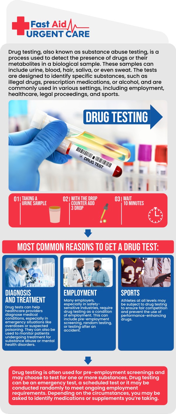 Common questions asked by patients: What types of drug tests do you offer? Do I need an appointment for a drug screen? What do I need to bring with me for a drug test? How long does it take to get the results?
Fast Aid Urgent Care & Family Medicine Clinic provides reliable, confidential urgent care for drug screening in Bakersfield, CA. Dr. Ajitpal Tiwana, MD, and our medical team follow testing protocols to guarantee accuracy for all your screening needs. Walk in seven days a week with your required paperwork to complete your test quickly, with no appointment necessary! For more information, contact us or book an appointment online. We are conveniently located at 2611 South H St Suite C Bakersfield, CA 93304. We serve patients from Bakersfield CA, Rexland Acres CA, Venola CA, Oildale CA, Lamont CA, Rosedale CA and surrounding areas.
