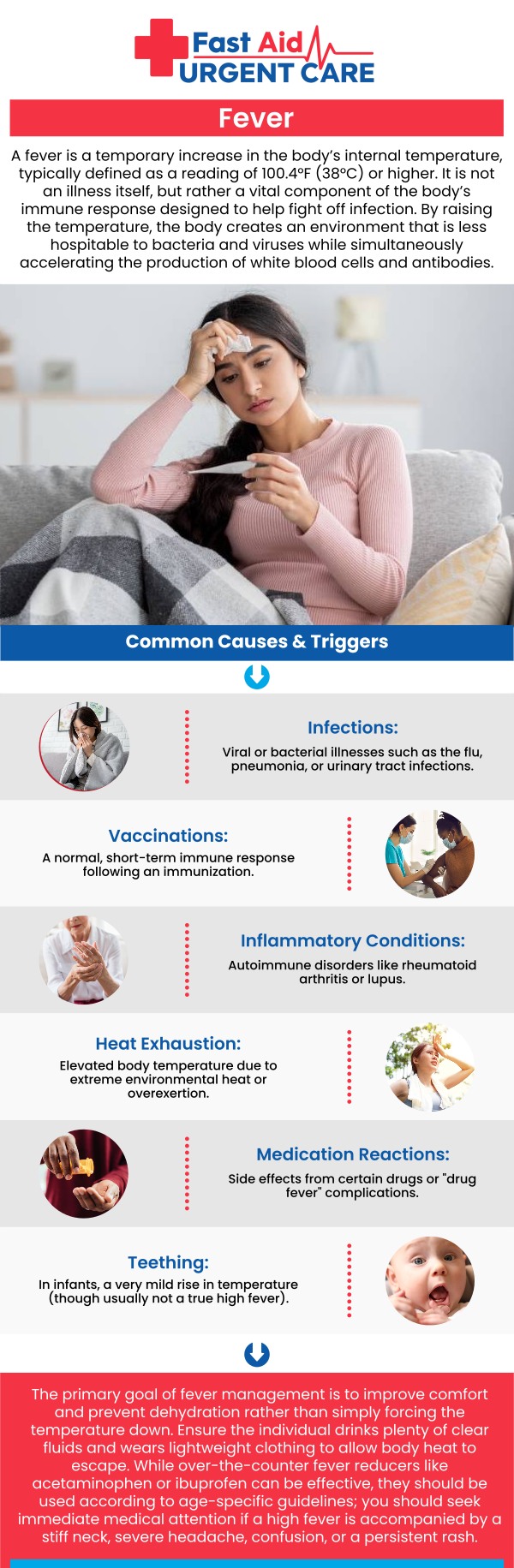 Common questions asked by patients: What temperature is actually considered a fever? When should I bring my child to urgent care for a fever? How long does a fever usually last?
When a persistent high temperature leaves you feeling drained, Fast Aid Urgent Care & Family Medicine Clinic in Bakersfield, CA, provides the prompt and effective relief you need. Dr. Ajitpal Tiwana, MD, and our dedicated medical team work quickly to pinpoint the underlying cause of your fever and deliver a personalized treatment plan. Visit our clinic today for an accurate diagnosis and compassionate care designed to help you safely recover faster. For more information, contact us or book an appointment online. We are conveniently located at 2611 South H St Suite C Bakersfield, CA 93304. We serve patients from Bakersfield CA, Rexland Acres CA, Venola CA, Oildale CA, Lamont CA, Rosedale CA and surrounding areas.