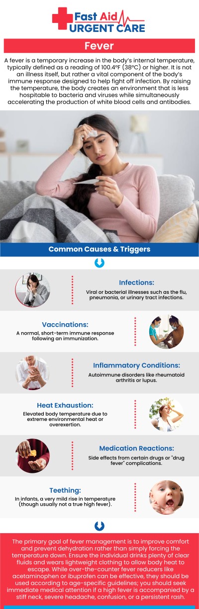 Common questions asked by patients: What temperature is actually considered a fever? When should I bring my child to urgent care for a fever? How long does a fever usually last?
When a persistent high temperature leaves you feeling drained, Fast Aid Urgent Care & Family Medicine Clinic in Bakersfield, CA, provides the prompt and effective relief you need. Dr. Ajitpal Tiwana, MD, and our dedicated medical team work quickly to pinpoint the underlying cause of your fever and deliver a personalized treatment plan. Visit our clinic today for an accurate diagnosis and compassionate care designed to help you safely recover faster. For more information, contact us or book an appointment online. We are conveniently located at 2611 South H St Suite C Bakersfield, CA 93304. We serve patients from Bakersfield CA, Rexland Acres CA, Venola CA, Oildale CA, Lamont CA, Rosedale CA and surrounding areas.
