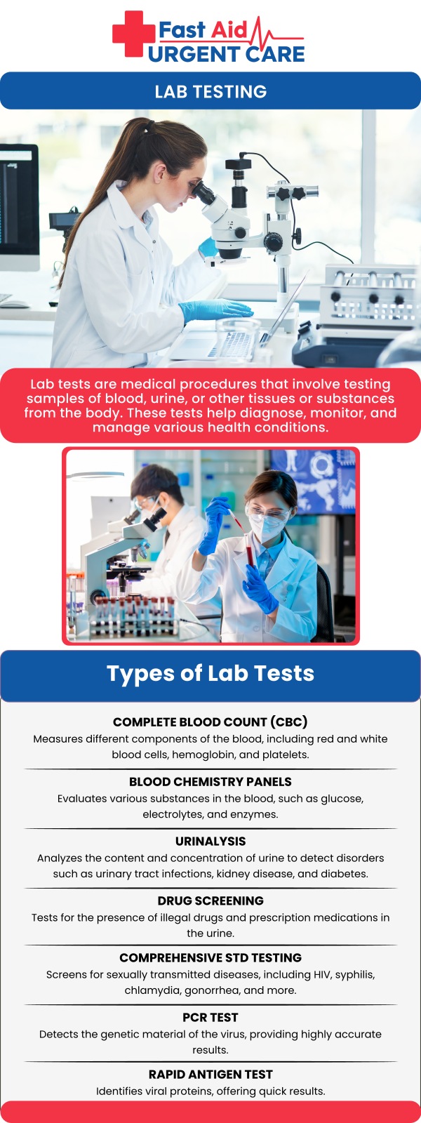 On-site lab testing is available at Fast Aid Urgent Care & Family Medicine Clinic in Bakersfield, CA, for fast and accurate results. Dr. Ajitpal Tiwana, MD, and our medical team provide timely evaluations for illnesses, minor injuries, and preventive care. Having labs on-site allows patients to receive results quickly, enabling prompt treatment and improved outcomes. Walk-in and same-day appointments make it easy for the Bakersfield community to access reliable urgent care without delays. For more information, contact us or book an appointment online. We are conveniently located at 2611 South H St Suite C Bakersfield, CA 93304.