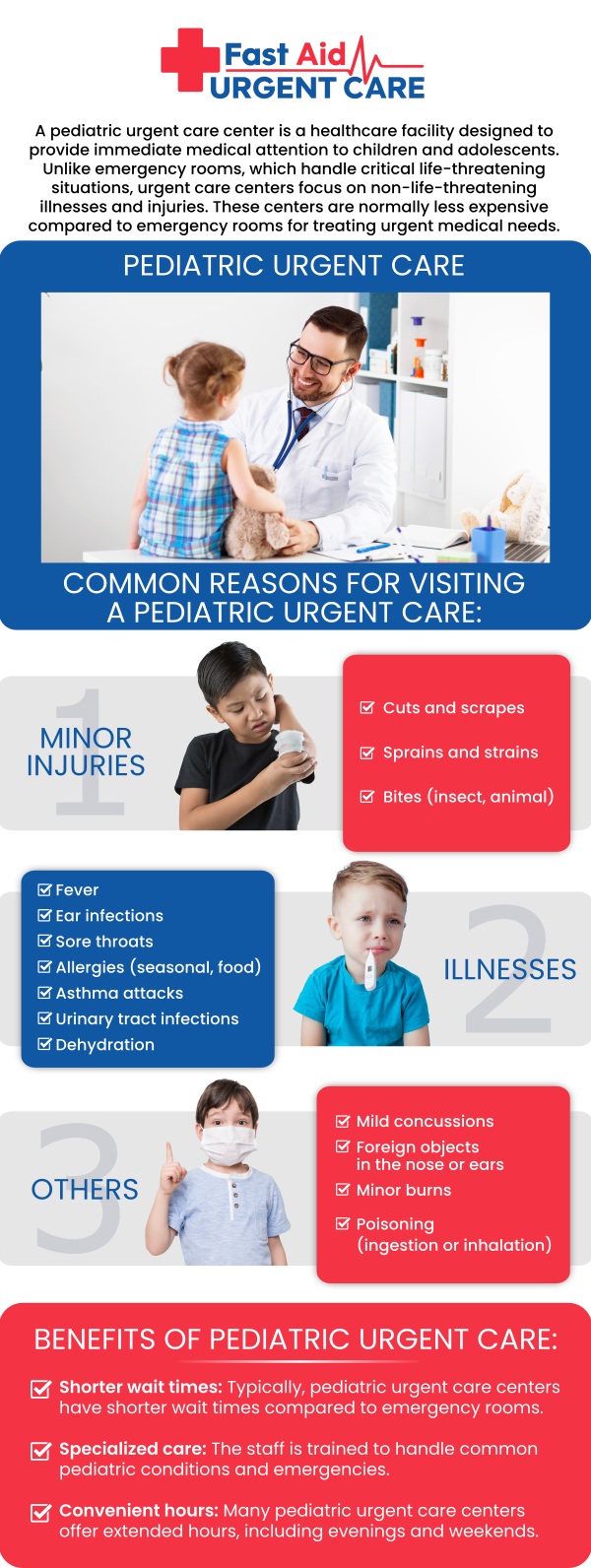 Get fast, compassionate pediatric urgent care at Fast Aid Urgent Care & Family Medicine Clinic in Bakersfield, CA. Dr. Ajitpal Tiwana, MD, and our medical team provide prompt treatment for children of all ages. From minor injuries and illnesses to on-site lab tests and X-rays, we ensure your child receives timely care. Convenient walk-in and same-day appointments make it easy for families to get the care they need without long waits. For more information, contact us or book an appointment online. We are conveniently located at 2611 South H St Suite C Bakersfield, CA 93304.