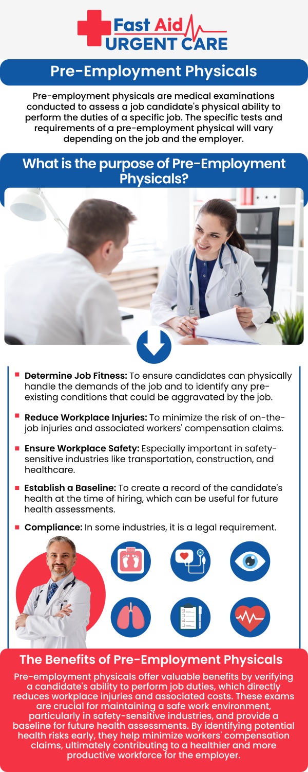 Common questions asked by patients: What is a pre-employment physical exam? What does a standard pre-employment physical include? Do I need to bring anything to my physical exam? Do I need to make an appointment for an employment physical?
Get affordable, comprehensive pre-employment physical exams at Fast Aid Urgent Care & Family Medicine Clinic in Bakersfield, CA. Our walk-in clinic provides rapid health screenings, drug testing, and regulatory compliance checks without the long wait times. No appointment is necessary, making it easy to fulfill your workplace requirements and clear your path to employment today. For more information, contact us or book an appointment online. We are conveniently located at 2611 South H St Suite C Bakersfield, CA 93304. We serve patients from Bakersfield CA, Rexland Acres CA, Venola CA, Oildale CA, Lamont CA, Rosedale CA and surrounding areas.