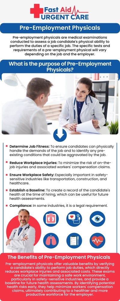 Common questions asked by patients: What is a pre-employment physical exam? What does a standard pre-employment physical include? Do I need to bring anything to my physical exam? Do I need to make an appointment for an employment physical?
Get affordable, comprehensive pre-employment physical exams at Fast Aid Urgent Care & Family Medicine Clinic in Bakersfield, CA. Our walk-in clinic provides rapid health screenings, drug testing, and regulatory compliance checks without the long wait times. No appointment is necessary, making it easy to fulfill your workplace requirements and clear your path to employment today. For more information, contact us or book an appointment online. We are conveniently located at 2611 South H St Suite C Bakersfield, CA 93304. We serve patients from Bakersfield CA, Rexland Acres CA, Venola CA, Oildale CA, Lamont CA, Rosedale CA and surrounding areas.