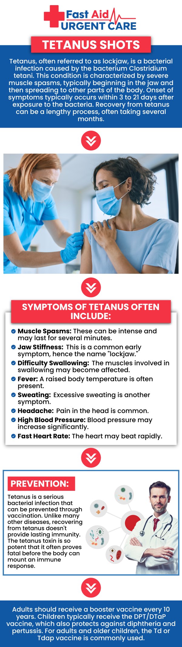 Common questions asked by patients: What is a tetanus shot and why do I need it? How often do I need a tetanus booster? How soon after an injury should I get a tetanus shot? Can I just walk in to get a tetanus shot, or do I need an appointment?
Dr. Ajitpal Tiwana, MD, and our medical team at Fast Aid Urgent Care & Family Medicine Clinic offer a tetanus shot. We ensure your immunizations are up-to-date and offer personalized advice for long-term protection and health. For more information, contact us or book an appointment online. We are conveniently located at 2611 South H St Suite C Bakersfield, CA 93304. We serve patients from Bakersfield CA, Rexland Acres CA, Venola CA, Oildale CA, Lamont CA, Rosedale CA and surrounding areas.