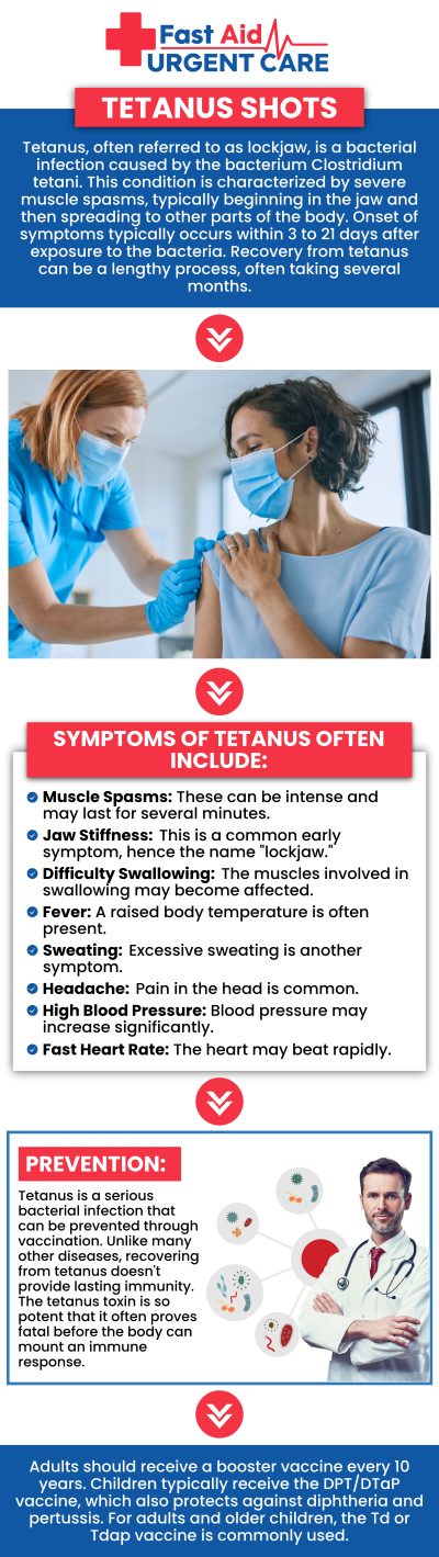 Common questions asked by patients: What is a tetanus shot and why do I need it? How often do I need a tetanus booster? How soon after an injury should I get a tetanus shot? Can I just walk in to get a tetanus shot, or do I need an appointment?
Dr. Ajitpal Tiwana, MD, and our medical team at Fast Aid Urgent Care & Family Medicine Clinic offer a tetanus shot. We ensure your immunizations are up-to-date and offer personalized advice for long-term protection and health. For more information, contact us or book an appointment online. We are conveniently located at 2611 South H St Suite C Bakersfield, CA 93304. We serve patients from Bakersfield CA, Rexland Acres CA, Venola CA, Oildale CA, Lamont CA, Rosedale CA and surrounding areas.